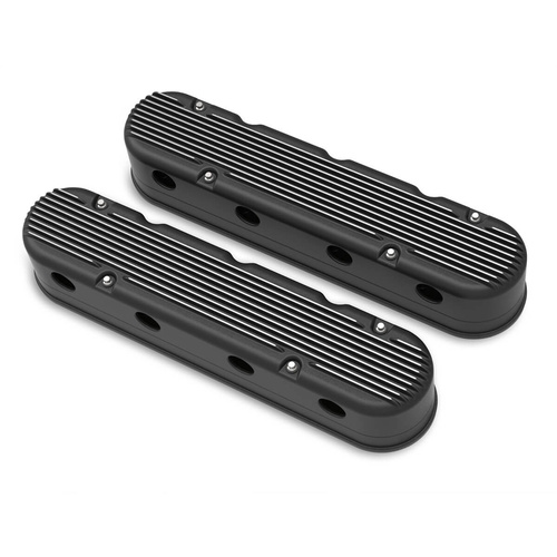 Holley Valve Cover, Finned, 3.75 in. Height, GM LS Engines, Cast Aluminum, Satin Black Machined, Pair