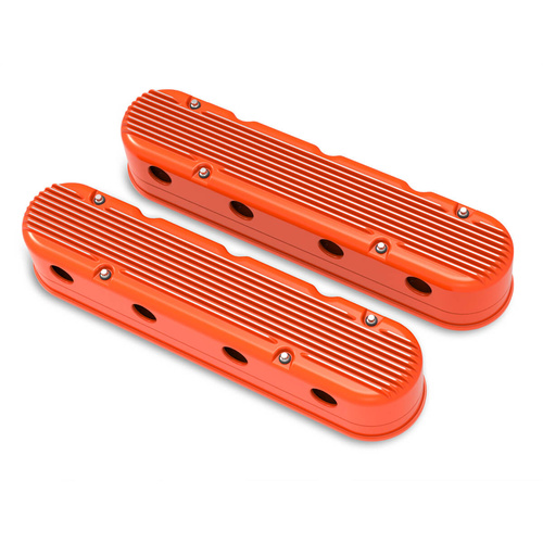 Holley Valve Cover, Finned, 3.75 in. Height, GM LS Engines, Cast Aluminum, Factory Orange, Pair