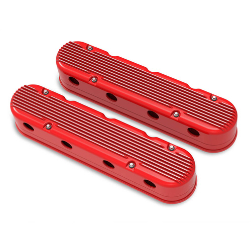 Holley Valve Cover, Finned, 3.75 in. Height, GM LS Engines, Cast Aluminum, Gloss Red, Pair