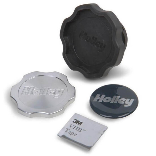 Holley Oil Fill Cap, Octagon, Plastic, Black, Includes Billet Aluminium Insert, Domed Decal, Each