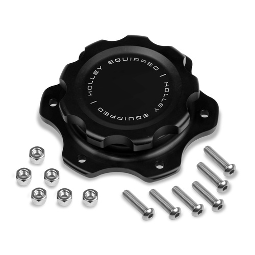Holley Fuel Cell Cap, Screw-on, Billet Aluminium, Black Anodised, Cap Mounting Plate, 6 Bolt Holes, Each