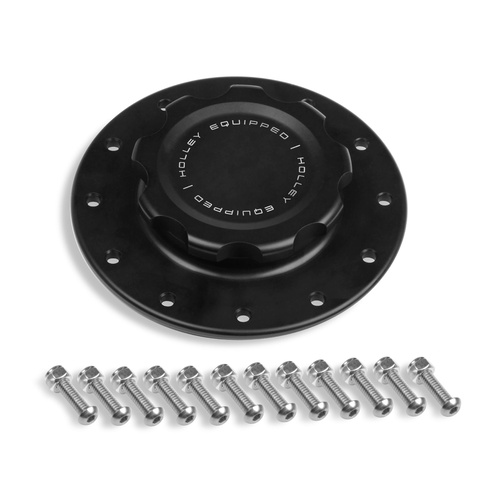 Holley Fuel Cell Cap, Screw-on, Billet Aluminium, Black Anodised, Cap Mounting Plate, 12 Bolt Holes, Each