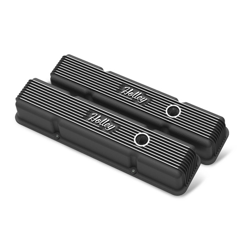 Holley Valve Cover, Vintage Series, 3.3 in. Height, Small Block For Chevrolet, Cast Aluminum, Satin Black Machined, Pair