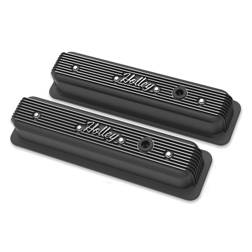 Holley Valve Cover, Finned, 3.4 in. Height, Small Block For Chevrolet, Cast Aluminum, Satin Black Machined, Pair