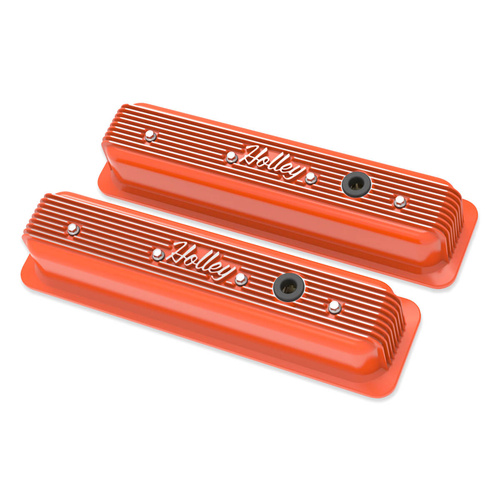 Holley Valve Cover, Finned, 3.4 in. Height, Small Block For Chevrolet, Cast Aluminum, Factory Orange, Pair