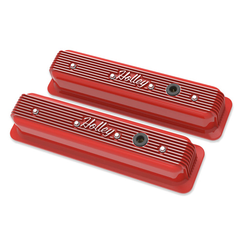 Holley Valve Cover, Finned, 3.4 in. Height, Small Block For Chevrolet, Cast Aluminum, Gloss Red, Pair