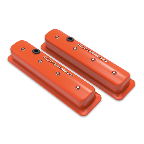 Holley Valve Cover, Muscle Series, SBC Center Bolt, Standard Height, GM SBC ZZ6/Vortec, Cast Aluminum, Factory Orange, Pair