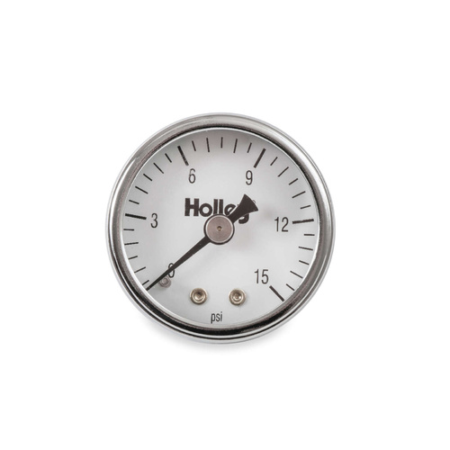 Holley Gauge, Fuel Pressure, 0-15 psi, 1 1/2 in, Analog, Mechanical, White Face, Each