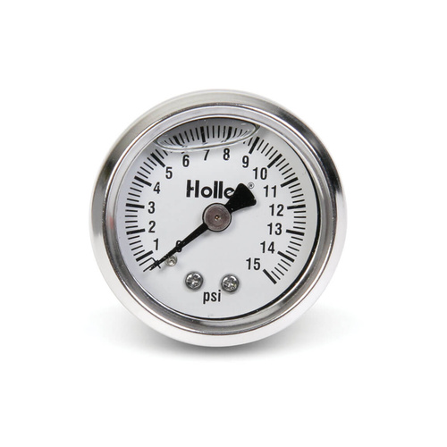 Holley Gauge, Fuel Pressure, 0-15 psi, 1 1/2 in, Analog, Mechanical, White Face, Each
