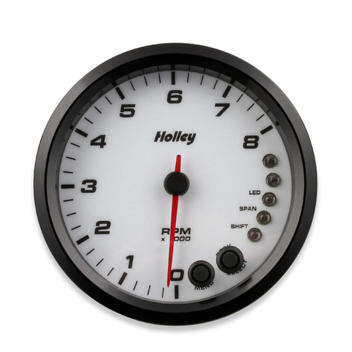 Holley Gauge, Tachometer, Stanalone Style, Analog, 0-8, 000 RPM, 4 1/2 in., White Face, Electrical, Each