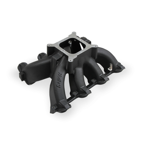 Holley Intake Manifold, LS Split Design Carbureted, Single Plane, Aluminium, Black, 4-barrel Square Bore, For Chevrolet, 4.8L, 5.3L, 5.7L, 6.0L, Cathe