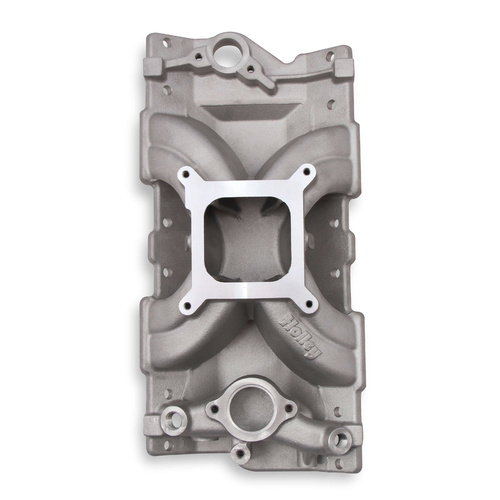 Holley Intake Manifold, Single Plane Carbureted, Aluminium, Natural, 5.280 in. Height, 4-barrel Square Bore, For Chevrolet, Small Block, Each