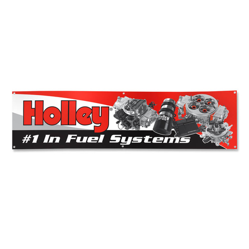 Holley Banner, Vinyl, Red Background, #1 In Fuel Systems Logo, 23 in W. x 96 L in., Each