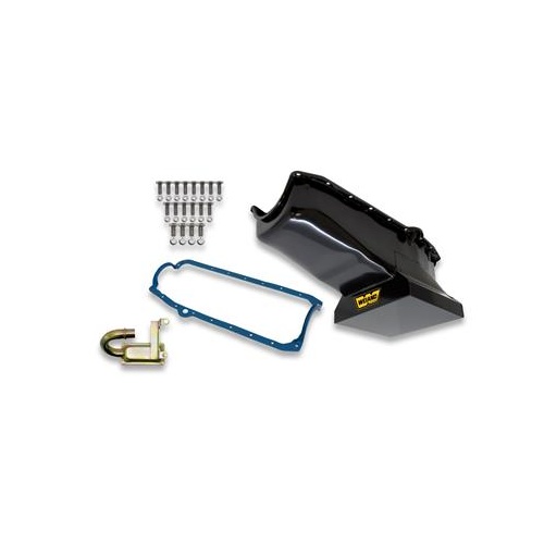 Weiand Oil Pan, Wet, Rear Sump, 7.00 qts, Steel, Black, 8.25 in. Depth, Pickup, For Chevrolet, Small Block, Kit