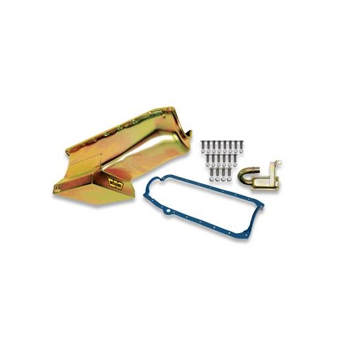 Weiand Oil Pan, Wet, Rear Sump, 7.00 qts, Steel, Zinc Iridited, 8.25 in. Depth, Pickup, For Chevrolet, Small Block, Kit