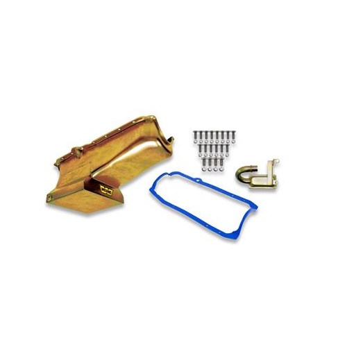 Weiand Oil Pan, Wet, Rear Sump, 7.00 qts, Steel, Zinc Iridited, 8.25 in. Depth, Pickup, For Chevrolet, 305, 350, Kit