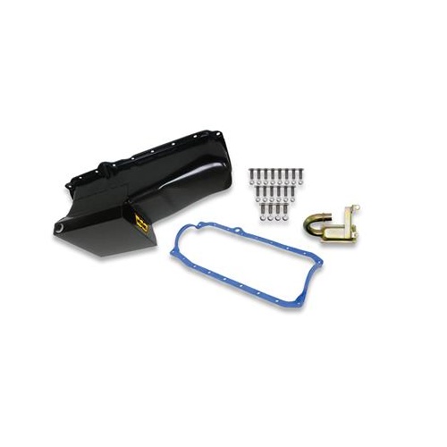 Weiand Oil Pan, Wet, Rear Sump, 7.00 qts, Steel, Black, 8.25 in. Depth, Pickup, For Chevrolet, 305, 350, Kit