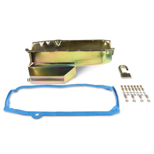 Weiand Oil Pan, Wet, Rear Sump, 7.00 qts., Steel, Zinc Iridited, 7.00 in. Depth, Pickup, For Chevrolet, Small Block, Kit