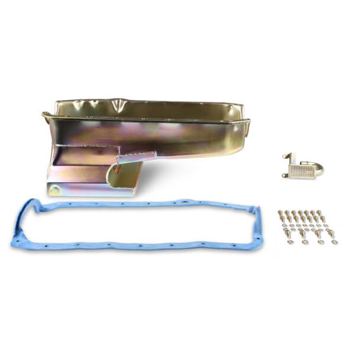 Weiand Oil Pan, Wet, Rear Sump, 6.00 qts., Steel, Zinc Iridited, 7.25 in. Depth, Pickup, For Chevrolet, Small Block, Kit