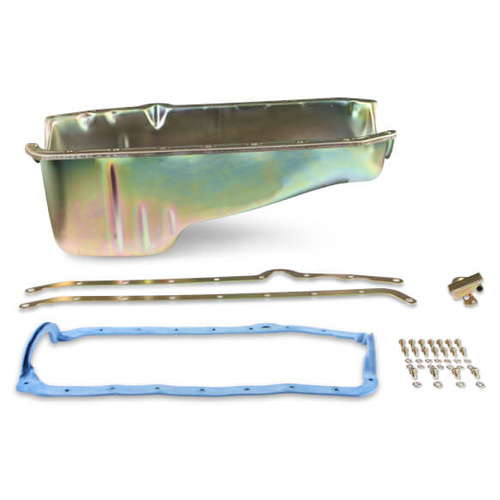 Weiand Oil Pan, Wet, Rear Sump, 4.00 qts., Steel, Zinc Iridited, 7.313 in. Depth, Pickup, For Chevrolet, Small Block, Kit