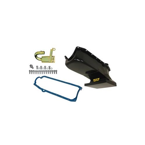 Weiand Oil Pan, Wet, Rear Sump, 6.00 qts, Steel, Black, 8.125 in. Depth, Pickup, For Chevrolet, Small Block, Kit