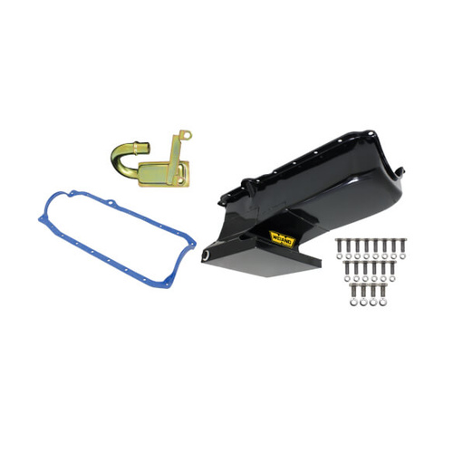Weiand Oil Pan, Wet, Rear Sump, 6.00 qts, Steel, Black, 8.125 in. Depth, Pickup, For Chevrolet, 305, 350, Kit