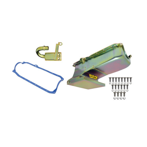 Weiand Oil Pan, Wet, Rear Sump, 6.00 qts, Steel, Zinc Iridited, 8.125 in. Depth, Pickup, For Chevrolet, 305, 350, Kit