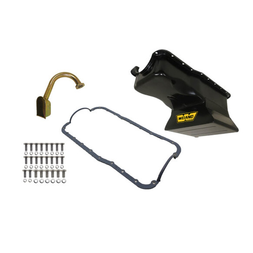 Weiand Oil Pan, Wet, Front Sump, 7.00 qts, Steel, Black, 10.125 in. Depth, Pickup, For Ford, Small Block Windsor, Kit