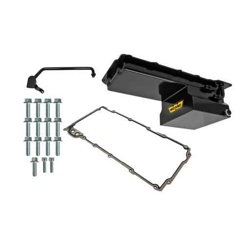 Weiand Oil Pan, Wet, Rear Sump, 7.00 qts, Steel, Black, 6.000 in. Depth, Pickup, For Chevrolet, 4.8L, 5.3L, 6.0L, Kit