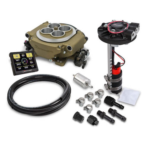 Sniper EFI Sniper Fuel Injection System, Returnless, Drop-In Fuel Pump Module, Self-Tuning, Touch Screen, Wiring, Hardware, Gold, 4150 Flange/Spread B