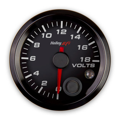 Holley EFI Gauge, Voltmeter, EFI-style, 0-18 V, 2 1/16 in. Diameter, Analog, Full Sweep, Illuminated, for Electrical Sending Unit, Black Face, Each