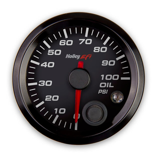 Holley EFI Gauge, Oil Pressure, EFI-style, 0-100 psi, 2 1/16 in. Diameter, Analog, Full Sweep, Illuminated, for Electrical Sending Unit, Black Face, E