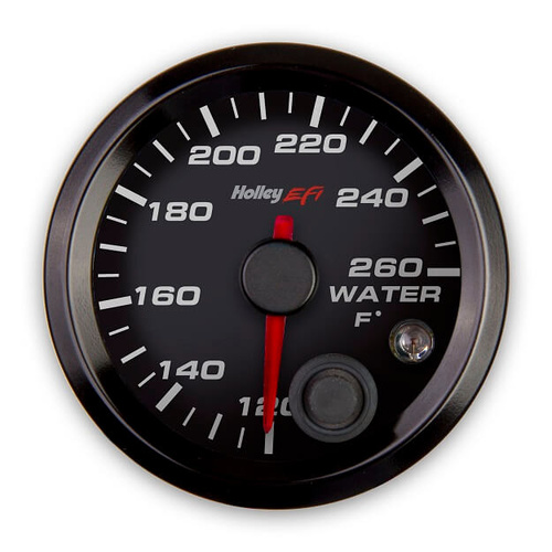 Holley EFI Gauge, Water Temp, EFI-style, 120-260 Degrees F, 2 1/16 in. Dia, Analog, Full Sweep, Illuminated, for Electrical Sending Unit, Black Face,