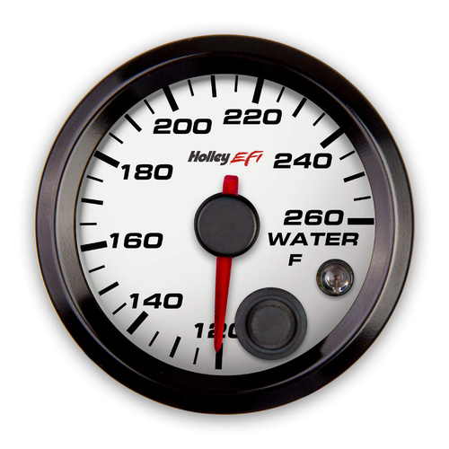 Holley EFI Gauge, Water Temp, EFI-style, 120-260 Degrees F, 2 1/16 in. Dia, Analog, Full Sweep, Illuminated, for Electrical Sending Unit, White Face,