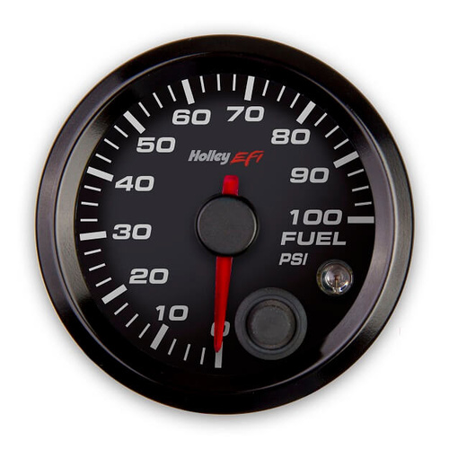 Holley EFI Gauge, Fuel Pressure, EFI-style, 0-100 psi, 2 1/16 in. Diameter, Analog, Full Sweep, Illuminated, for Electrical Sending Unit, Black Face,