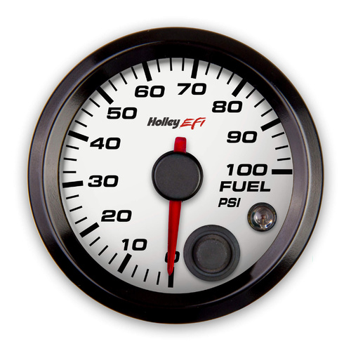 Holley EFI Gauge, Fuel Pressure, EFI-style, 0-100 psi, 2 1/16 in. Diameter, Analog, Full Sweep, Illuminated, for Electrical Sending Unit, White Face,