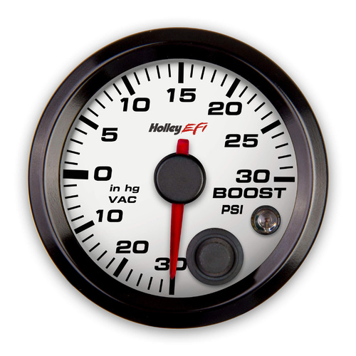 Holley EFI Gauge, Boost/Vacuum, EFI-style, 30 in. HG/30 psi, 2 1/16 in. Diameter, Analog, Full Sweep, Illuminated, for Electrical Sending Unit, White