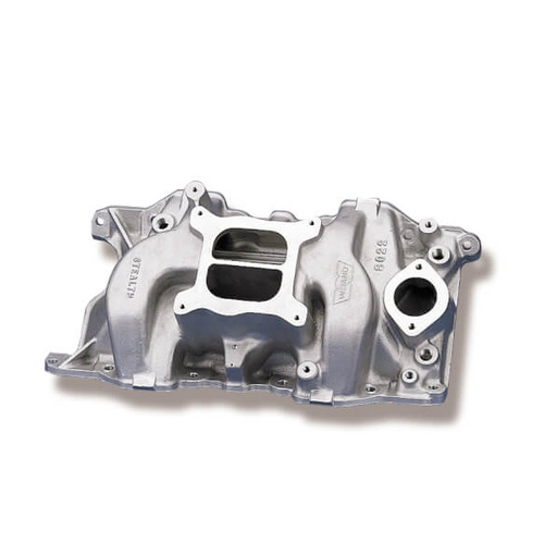 Weiand Intake Manifold, Carb, High Rise, 4.88/5.94 in. Height, idle-6800 RPM, For Chrysler SB V8, Satin, Each