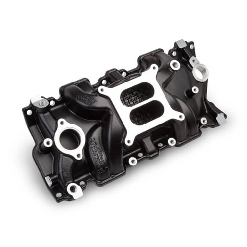 Weiand Intake Manifold, Carb, Low Rise, 3.50/4.50 in. Height, Idle-5500 RPM, For Chevrolet SB Gen I, Black, Each