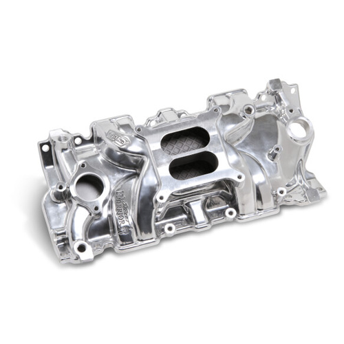 Weiand Intake Manifold, Carb, Low Rise, 3.50/4.50 in. Height, Idle-5500 RPM, For Chevrolet SB Gen I, Shiny, Each