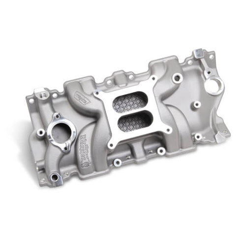 Weiand Intake Manifold, Carb, Low Rise, 3.50/4.50 in. Height, Idle-5500 RPM, For Chevrolet SB Gen I, Satin, Each