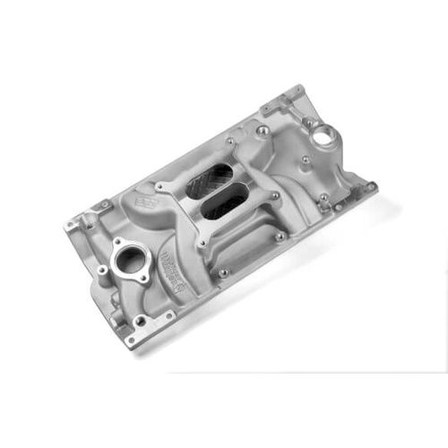Weiand Intake Manifold, Carb, Low Rise, 3.375/4.50 in. Height, Idle-5500 RPM, For Chevrolet SB Gen I, Satin, Each