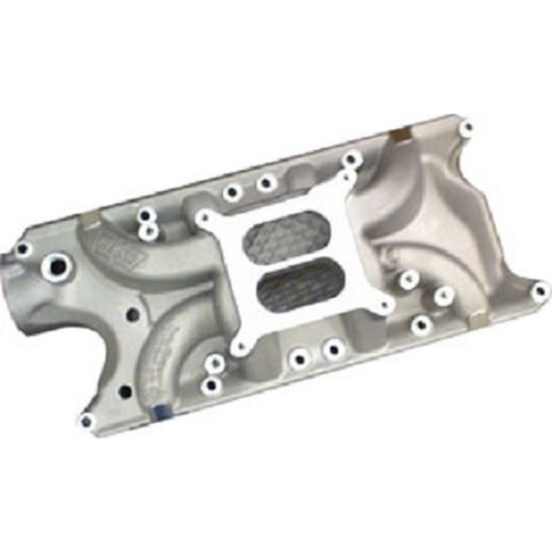 Weiand Intake Manifold, Carb, Low Rise, 3.82/4.75 in. Height, Idle-5500 RPM, For Ford SB V8, Satin, Each