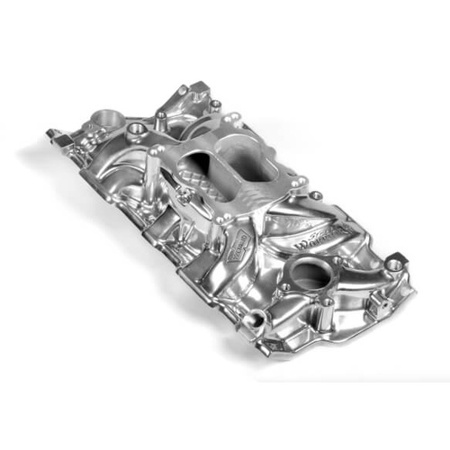 Weiand Intake Manifold, Carb, Low Rise, 3.50/4.50 in. Height, Idle-5500 RPM, For Chevrolet SB Gen I, Shiny, Each