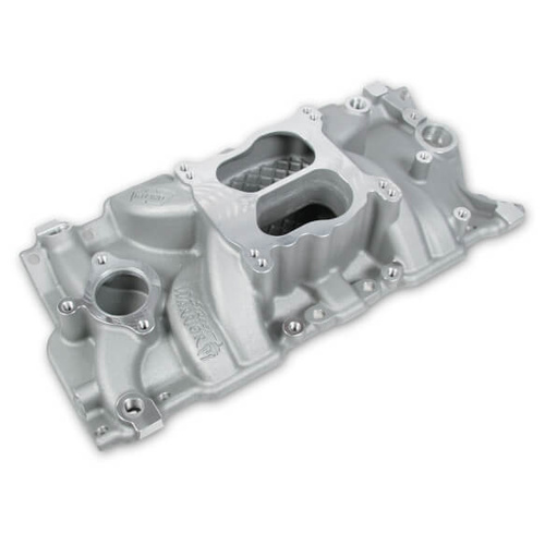 Weiand Intake Manifold, Carb, Low Rise, 3.50/4.50 in. Height, Idle-5500 RPM, For Chevrolet SB Gen I, Satin, Each