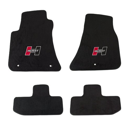 Hurst Elite Series Logo Floor Mat Set, Fits 2008-2023 Dodge Challenger, Black Carpet w/ Traditional Hurst Logo w/ Red Hurst "H" Accent