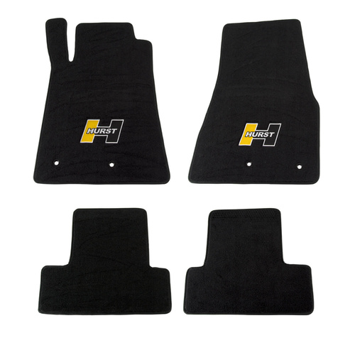 Hurst Floor Liner, Front/Second Seat, Carpeted, Black, Gold/Black in. Hin. Logo, For Ford, Set of 4