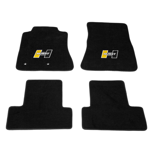 Hurst Floor Liner, Front/Second Seat, Carpeted, Black, Gold/Black in. Hin. Logo, For Ford, Set of 4