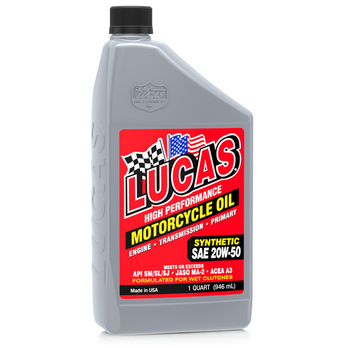 LUCAS Synthetic SAE 20W-50 Motorcycle Oil, 5 Gallon (18.93 litre) Pail, Each