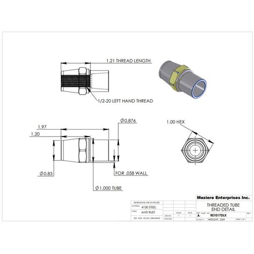 Meziere Tube End, 1 x .058 Tube, 1/2-20 Left With Hex Thread, Each